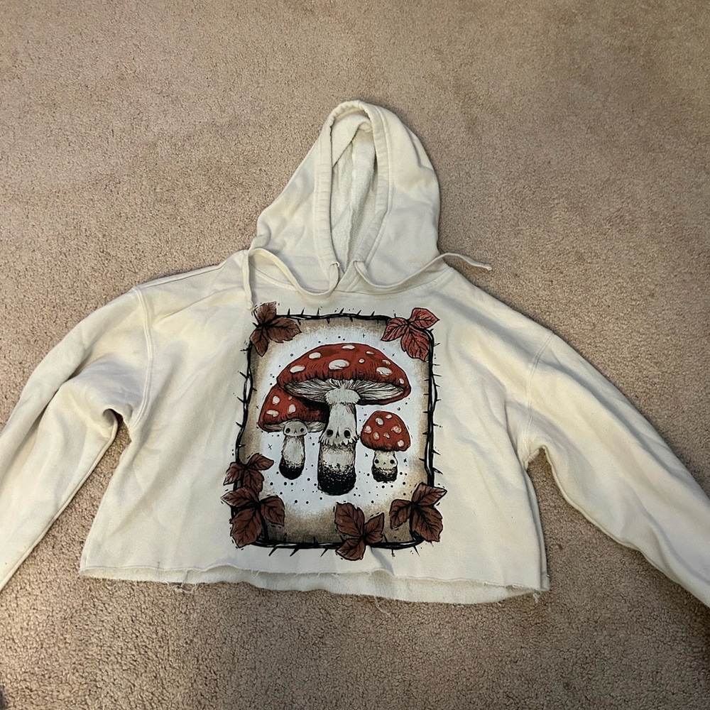 White, Cream cropped hoodie with mushroom design Medium